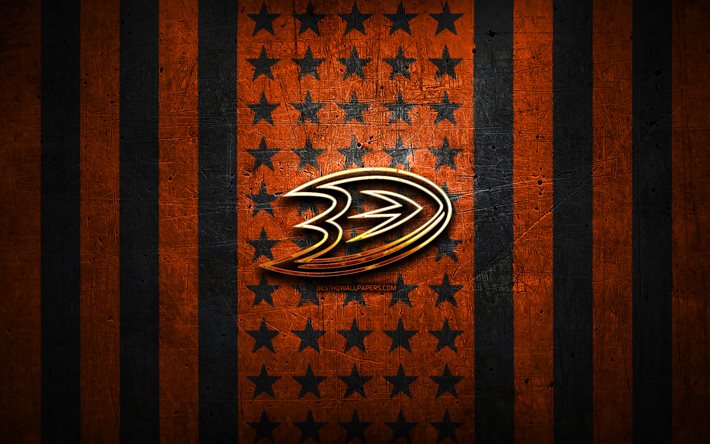 アナハイムダックスフラグ, NHL, オレンジ色の黒い金属の背景, アメリカのホッケーチーム, アナハイム・ダックスのロゴ, 米国, ホッケー, 黄金のロゴ, アナハイムダックス