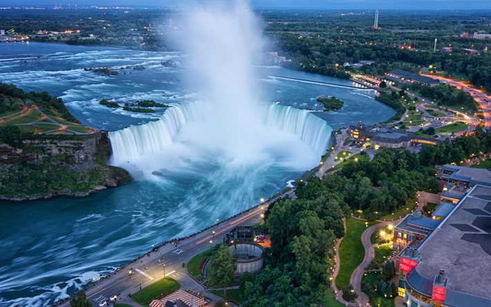 Niagara Falls, soir, Niagara River, belle chute d’eau, grande chute d’eau, Am&#233;rique du Nord, Ontario, Canada