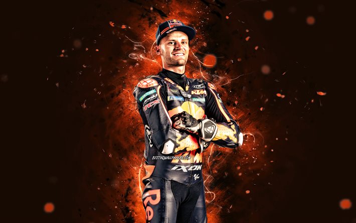 Brad Binder, 4k, luci al neon arancioni, Red Bull KTM Factory Racing, motociclista sudafricano, MotoGP, Campionato del Mondo MotoGP, Brad Binder 4K