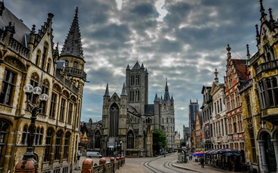Saint-Nicholas Church, Gent, ilta, auringonlasku, maamerkki, Gent kaupunkikuva, Belgia