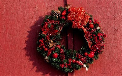 Christmas wreath, red wall, Christmas
