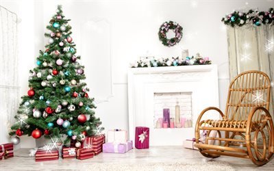 Christmas tree, Christmas, New Year, fireplace, Christmas interior