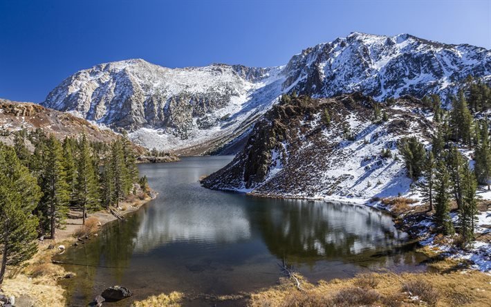 lago di montagna, inverno, montagne, alberi, Ellery Lago, ioga Pass, Sierra Nevada, California, USA