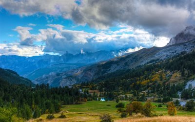 Estenc, mountains, fields, valley, forest, autumn, HDR, France
