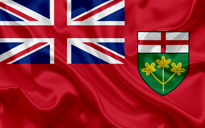 flagge von ontario, kanada, 4k, provinz, ontario, seide flagge, kanadische symbole