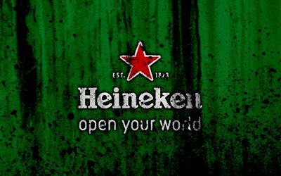 ハイネケン, 4k, ロゴ, ビール, グランジ, 緑の背景, ハイネケンマーク