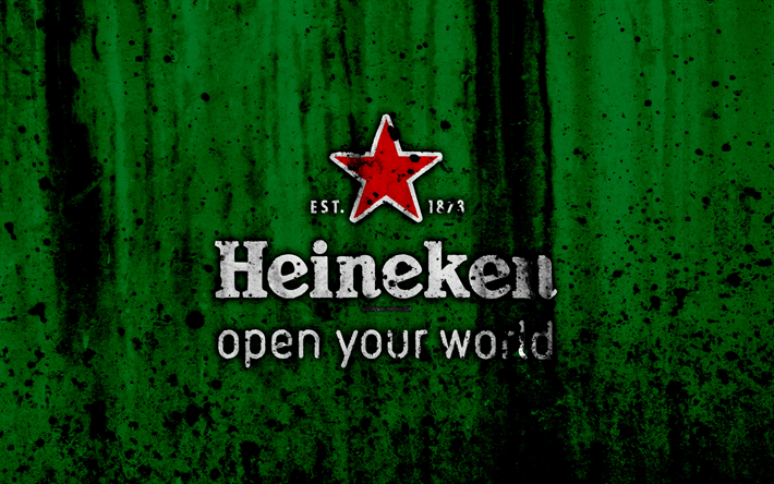 Heineken, 4k, logo, bira, grunge, yeşil backgroud, Heineken logosu