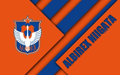 Albirex Niigata, 4k, malzeme tasarımı, Japon Futbol Kul&#252;b&#252;, turuncu, mavi soyutlama, logo, Niigata, Japonya J1 Lig, Japonya Profesyonel Futbol Ligi, J-Lig
