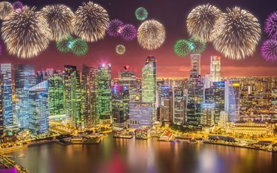Singapour, la m&#233;tropole, nuit, feux d&#39;artifice, gratte-ciel, les lumi&#232;res de la ville