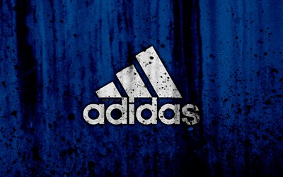 Adidas, 4k, logo, grunge, mavi backgroud, Adidas logo