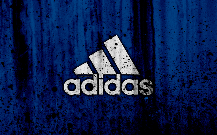 アディダス, 4k, ロゴ, グランジ, 青色の背景, アディダスロゴ