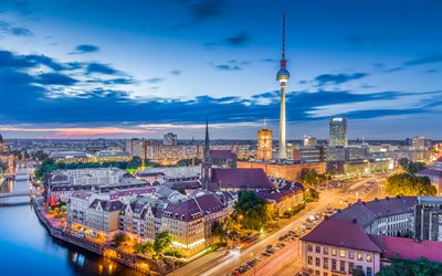 Berlin, akşam, 4к, Berlin TV Kulesi, şehir ışıkları, şehir, Almanya