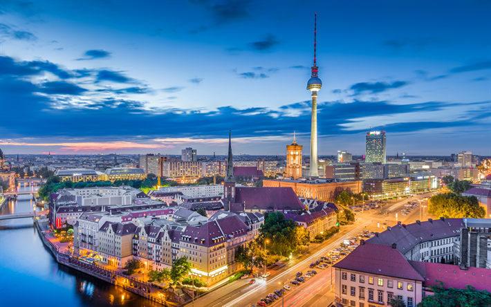 Berlin, kv&#228;ll, 4K, Berlins TV-torn, stadens ljus, stadsbilden, Tyskland