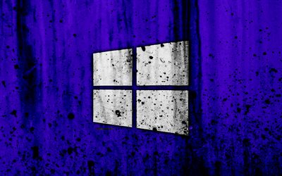 Windows 10, 4k, logo, grunge, violet backgroud, Windows 10 logo, Microsoft