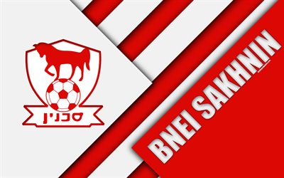 Bnei Sakhnin FC, 4k, material design, Israeli football club, emblem, logo, white red abstraction, Ligat HaAl, Sakhnin, Israel, football, Israeli Premier League