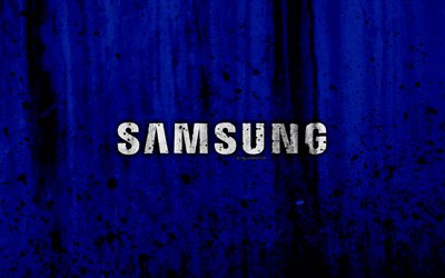 A Samsung, 4k, logo, grunge, azul backgroud, Logotipo da Samsung