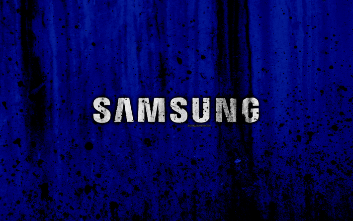 Samsung, 4k, logotyp, grunge, bl&#229; bakgrund, Samsung-logotypen