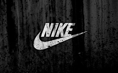 Nike, 4k, logotyp, grunge, svart bakgrund, Nike logotyp