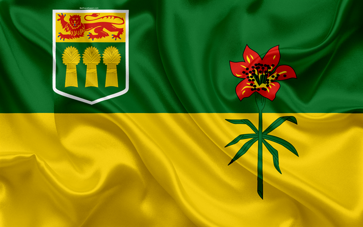 Bandiera di Saskatchewan, in Canada, 4k, provincia, Saskatchewan, seta bandiera Canadese simboli