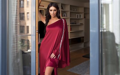 Georgia Salpa, photoshoot, greek fashion model, beautiful burgundy dress, brunette