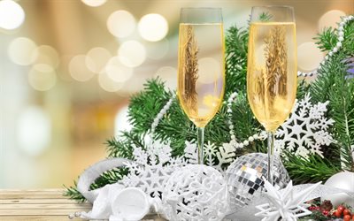 champagne, glasses, Happy New Year, New Year 2018, xmas decorations, Christmas