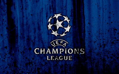UEFA Şampiyonlar Ligi, 4k, logo, grunge, mavi arka plan, UEFA Şampiyonlar Ligi logosu