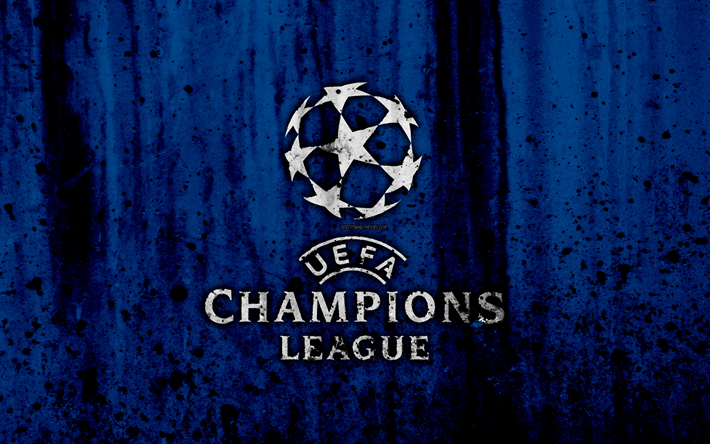 UEFA Champions League, 4k, logotyp, grunge, bl&#229; bakgrund, UEFA Champions League-logotyp