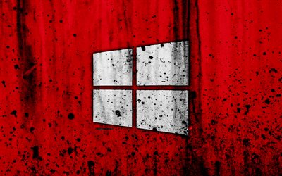 Windows 10, 4k, criativo, grunge, fundo vermelho, logo, 10 logotipo do Windows, Microsoft