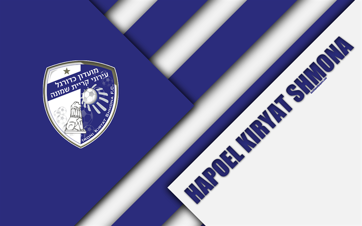 Hapoel Kiryat Shmona FC, 4k, material design, Israeli football club, emblem, logo, blue-white abstraction, Ligat HaAl, Kiryat Shmona, Israel, football, Israeli Premier League