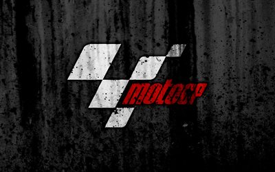 MotoGP, 4k, logo, grunge, siyah arka plan, MotoGP logosu
