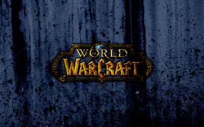 World of Warcraft, 4k, logo, grunge, WoW, gray background, WoW logo