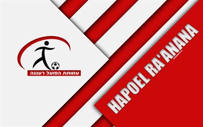 Hapoel Raanana FC, 4k, material design, Israeli football club, emblem, logo, red white abstraction, Ligat HaAl, Raanana, Israel, football, Israeli Premier League