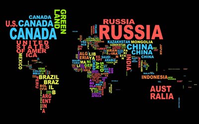 World map, typography, names of countries, political map of the world