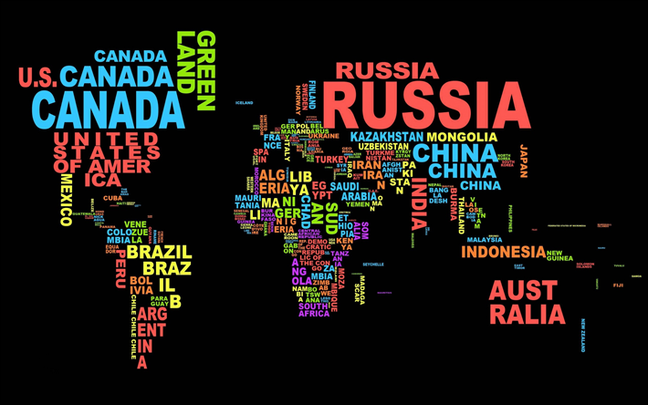 Maailman kartta, typografia, maiden nimet, poliittinen kartta maailman