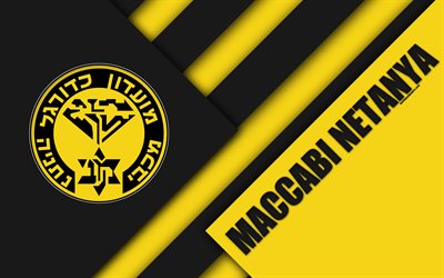 Maccabi Netanya FC, 4k, black yellow abstraction, material design, Israeli football club, emblem, logo, Ligat HaAl, Netanya, Israel, football, Israeli Premier League