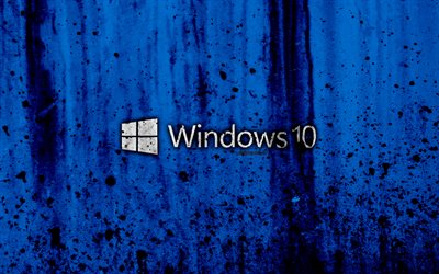 Windows 10, 4k, criativo, logo, grunge, fundo azul, 10 logotipo do Windows, Microsoft