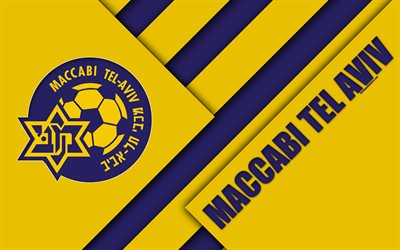 Maccabi Tel Aviv FC, 4k, dise&#241;o de materiales, Israel&#237; club de f&#250;tbol, emblema, logotipo, azul, amarillo abstracci&#243;n, Ligat HaAl, Tel Aviv, Israel, del f&#250;tbol, de la Liga Premier Israel&#237;