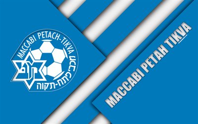 Maccabi Petah Tikva FC, 4k, material design, Israeli football club, emblem, logo, blue white abstraction, Ligat HaAl, Petah Tikva, Israel, football, Israeli Premier League