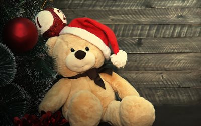 New Year, teddy bear, toy, Christmas, Happy New Year, Christmas tree, Christmas red balls