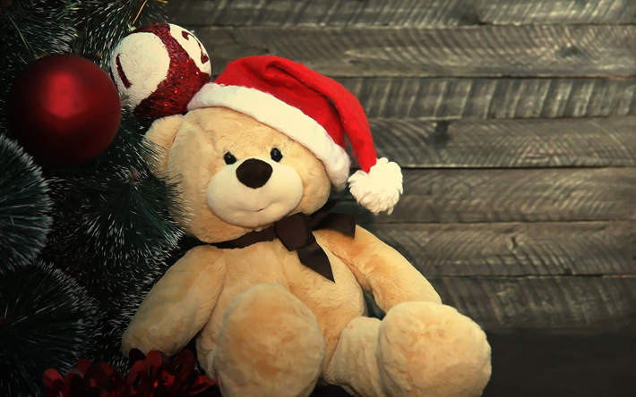 Ano Novo, urso de pel&#250;cia, brinquedo, Natal, Feliz Ano Novo, &#193;rvore de natal, Natal bolas vermelhas