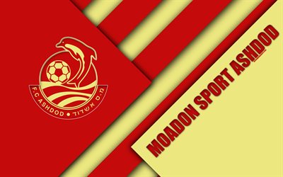 Ashdod FC, 4k, material design, Israeli football club, Moadon Sport Ashdod, emblem, logo, red yellow abstraction, Ligat HaAl, Ashdod, Israel, football, Israeli Premier League