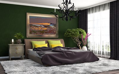 bedroom, green design, vintage apartment, interior idea, layout
