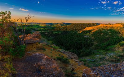Little Missouri State Park, dalen, kullar, sunset, amerikanska landm&#228;rken, USA, Amerika