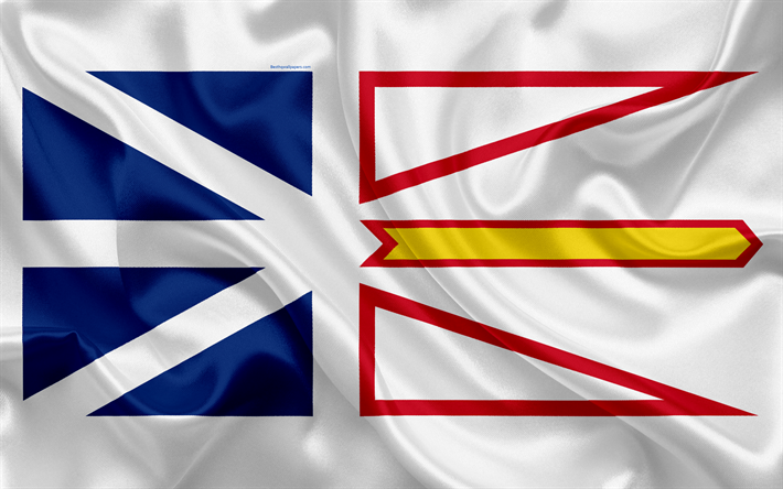 العلم من نيوفاوندلاند ولابرادور, الذهبي رمح, كندا, 4k, محافظة, الحرير العلم, الكندي الرموز