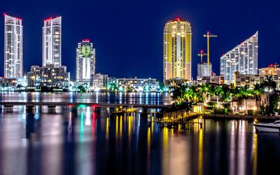 Miami, nightscapes, pier, Barrier Island, Florida, USA, America