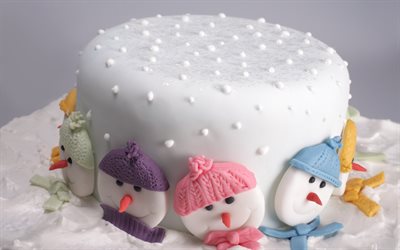 white cake, New Year, winter, sweets, snowmen, cream, winter cake