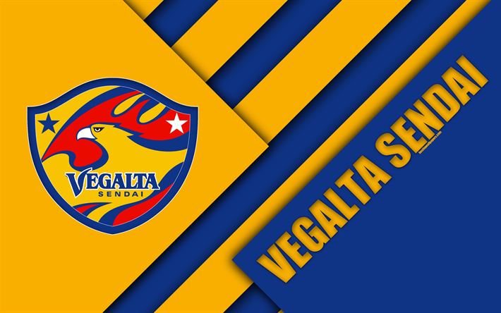 Vegalta Sendai FC, 4k, mavi, sarı soyutlama, malzeme tasarımı, Japon Futbol Kul&#252;b&#252;, logo, Sendai, Miyagi, Japonya J1 Lig, Japonya Profesyonel Futbol Ligi, J-Lig
