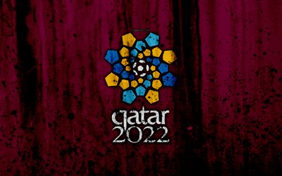 カタールの2022年のFIFAワールドカップ, 4k, ロゴ, グランジ, 2022年カタール, マルーンの背景, 2022年のFIFAワールドカップ