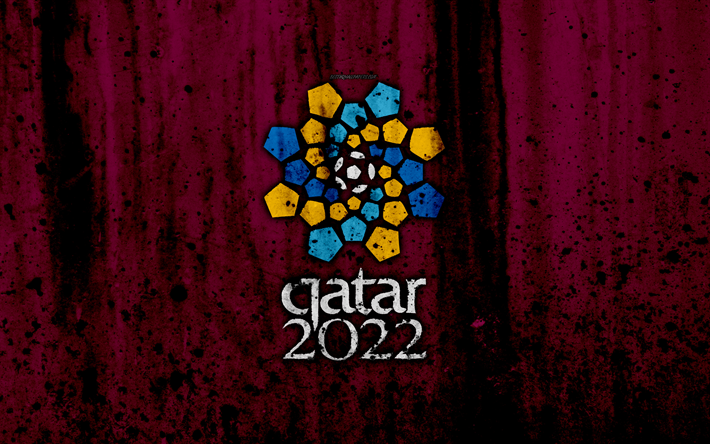 Qatar 2022 da Copa do Mundo FIFA, 4k, logo, grunge, Catar 2022, maroon backgroud, 2022 da Copa do Mundo FIFA