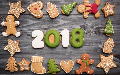 Feliz Ano Novo, 2018 conceito, cookies, doces, pastelaria, Ano Novo